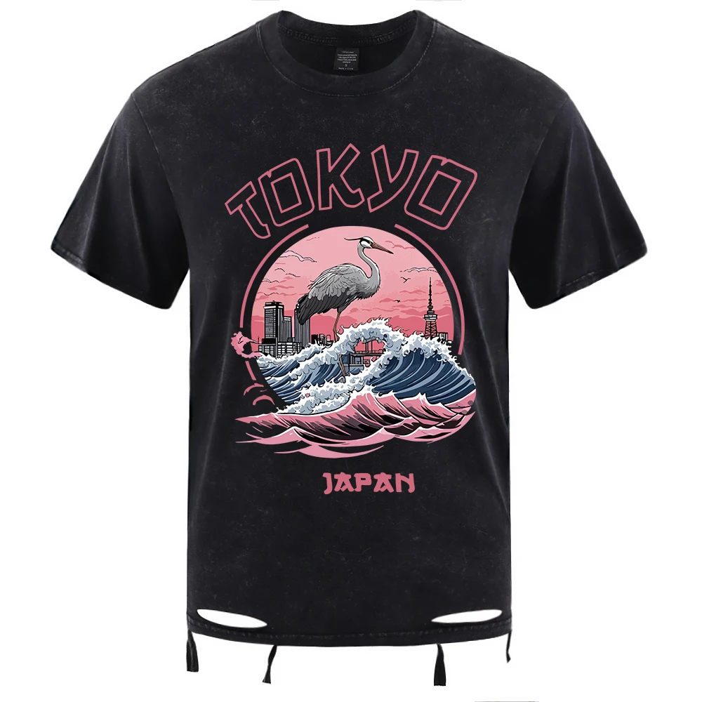 

Токио, Япония, Harajuku, журавль, волнистые футболки с принтом, модный хлопковый топ с круглым вырезом и короткими рукавами, повседневная свободная футболка
