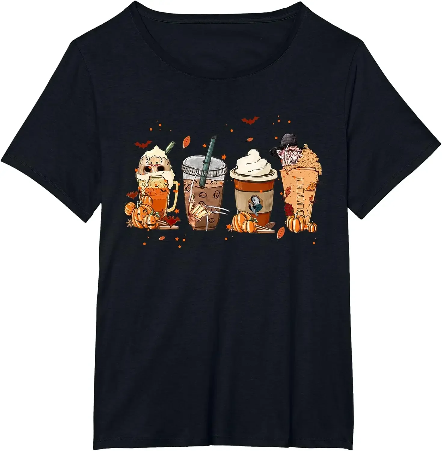 Autumn Fall Horror Latte Coffee Cups Ghost Halloween T-Shirt  Retro Fashion Short Sleeve Novelty Unisex Short-sleev Classic Tops