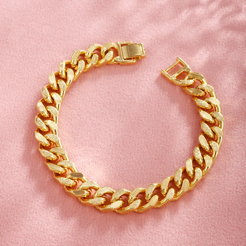 24K real gold fashion frosted au9999 pure gold hand decoration men's personality overbearing Cuban chain bracelet