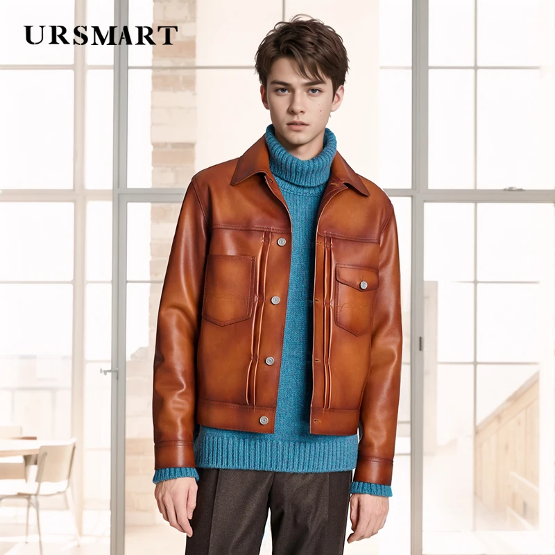 Brown calf leather men's jacket autumn and winter new product flip collar fashionable multi bag leather custom size Coat