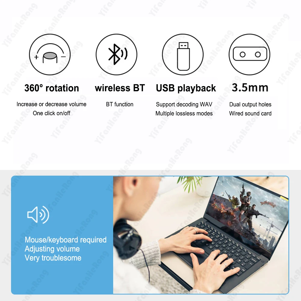 USBVolume Control Knob Multimedia Computer Speaker Controller Adjust Knob One-key Mute Bluetooth-Compatible with Play Pause Skip