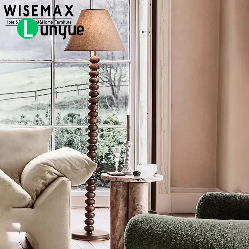 Vintage Solid Wood Floor Lamp with Fabric Shade LED Bright Light for Villa Interior Decor Mood Lighting Home Furniture Rack