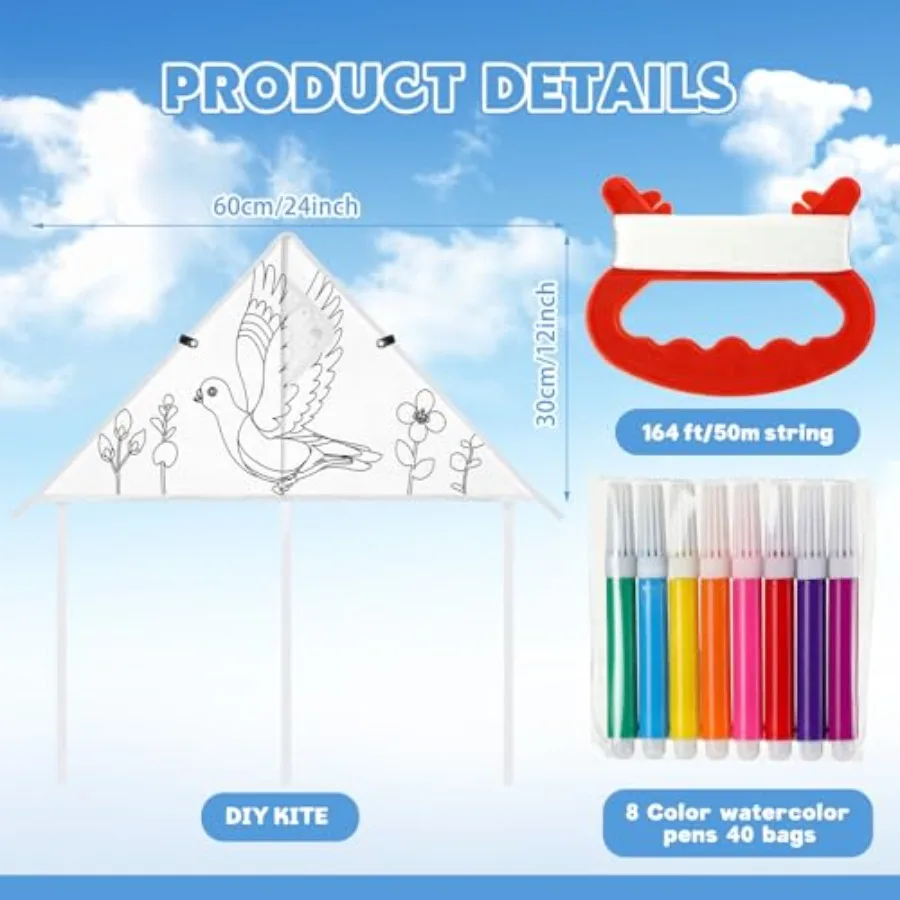 60 Pcs DIY Coloring Kites Kit for Pre-Printed Cartoon Animal Kites Summer Decorating Making Kit with Watercolor Pens and String