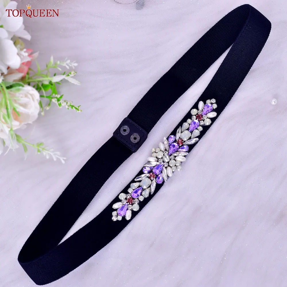 TOPQUEEN S451-B New Black Elastic Belt Dress with Purple Rhinestone Applique Luxury Fashion for Women Overcoat Gown Accessories