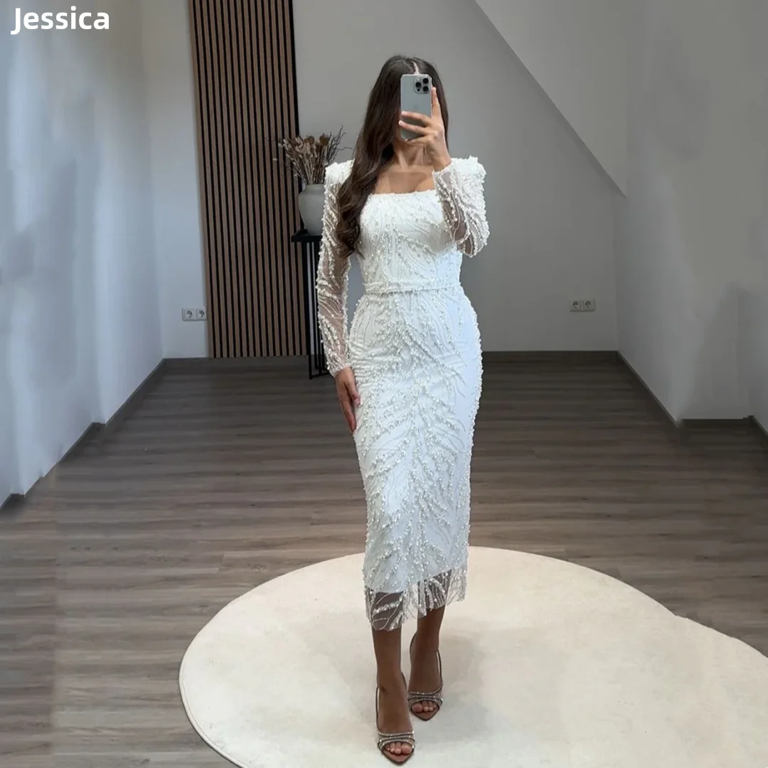 Jessica-Robe de mariée arabe blanche pour dames, tulle perlé de luxe, robes de Rh, manches longues, élégantes, personnalisées, 2025