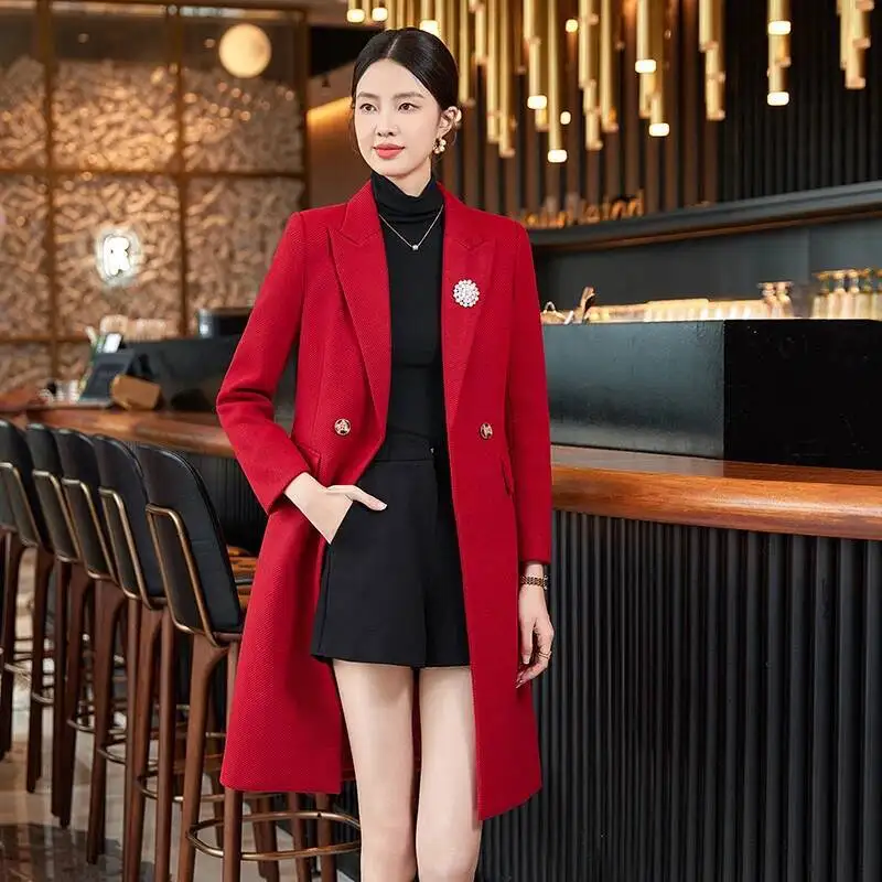 High Quality Fabric Woolen Winter Elegant Middle Long Windbreaker Professional Office Work Wear Career Interview Outwear Tops