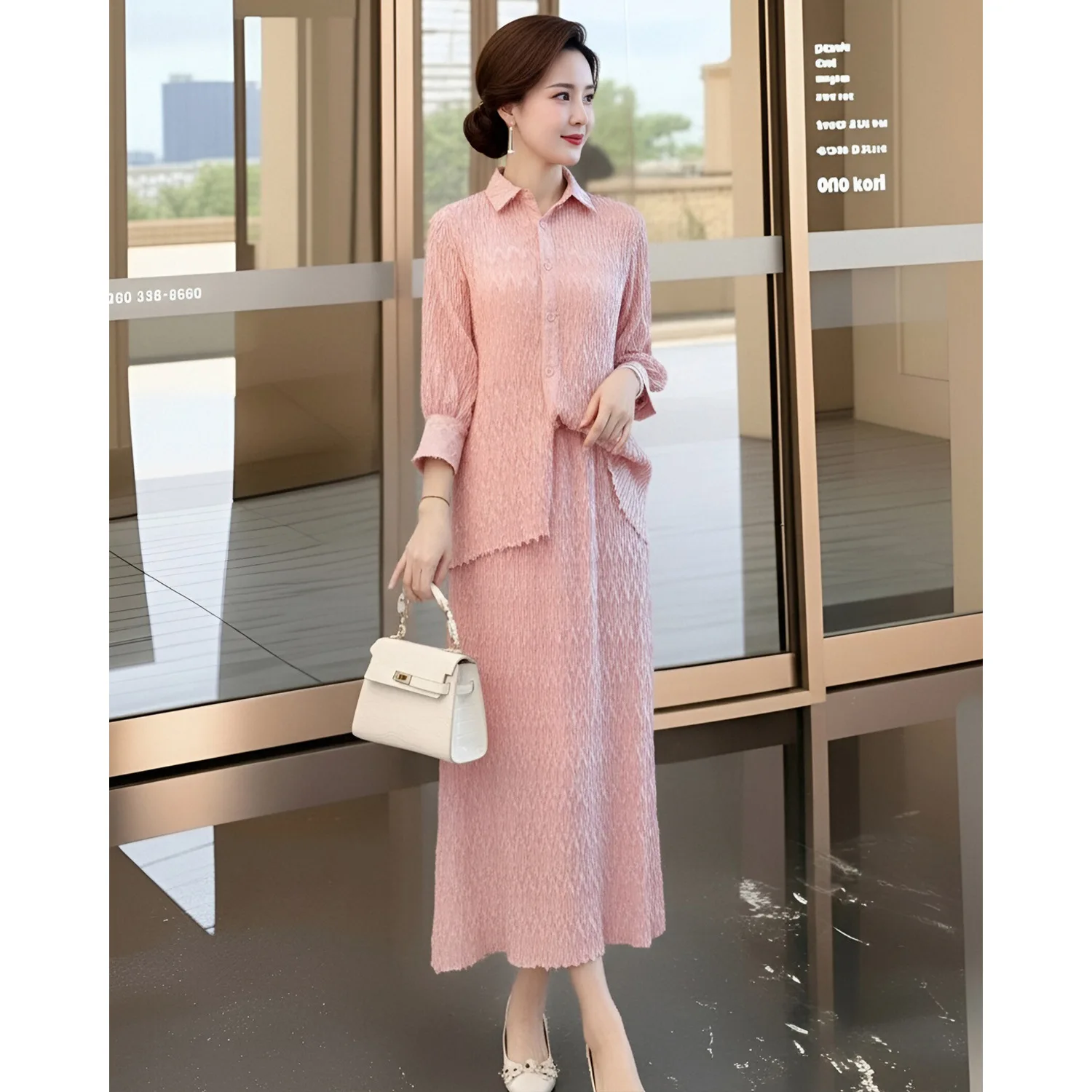 

Miyake Pleated Skirt Suit for Women 2026 New Slim, High-end and Elegant Solid Color Shirt Top + Skirt Casual Two-piece Set