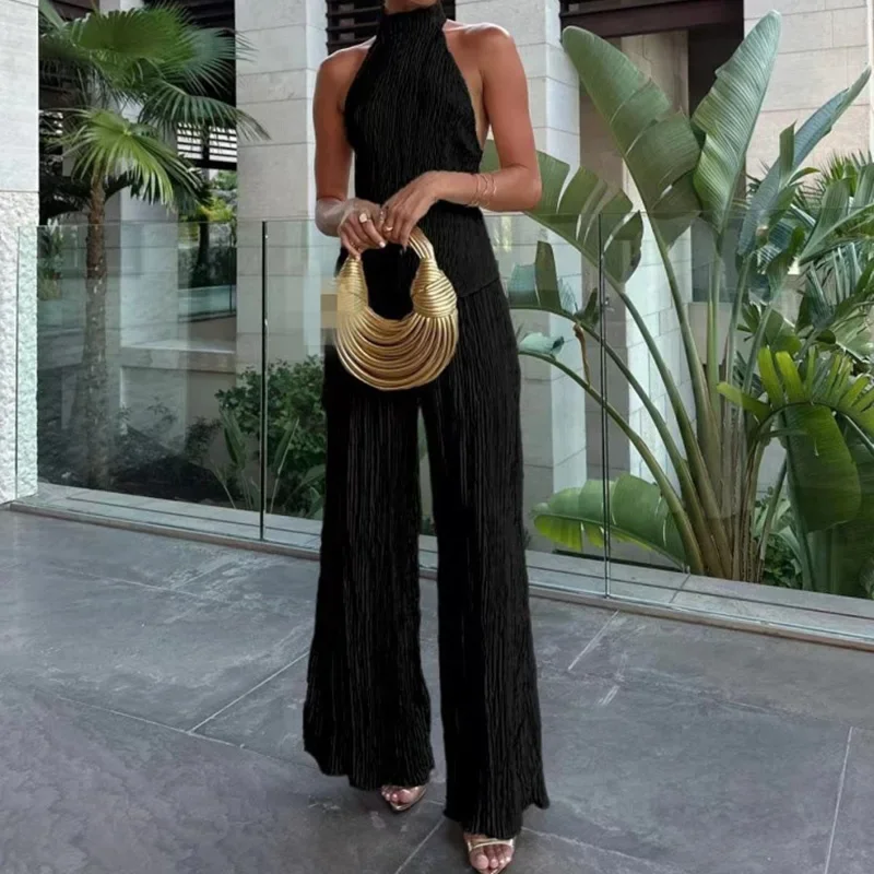 LIBIELIY Sexy Halter Top & Long Pant Outfit Women Elegant Sleeveless Backless Solid 2Pc Suit Fashion Elastic Waist Pleat Asymme