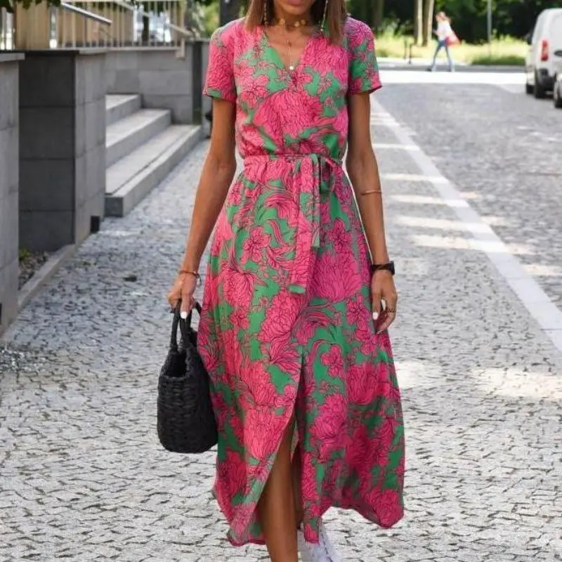 Women V-Neck Bohemian Dress Summer Fashion Floral Casual Pleated Hat Sleeveless Belt A- Line Pleated Hem Mid Length Sun Dress