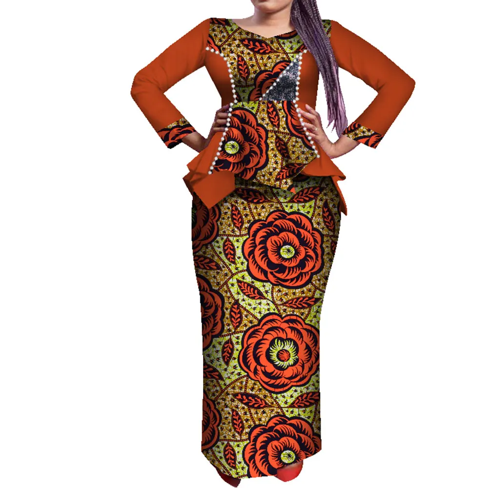 Customize African Print Peals Long Sleeve Tops and Skirt Sets for Women Bazin Riche African Clothing 2 Pieces Skirts Sets WY7641