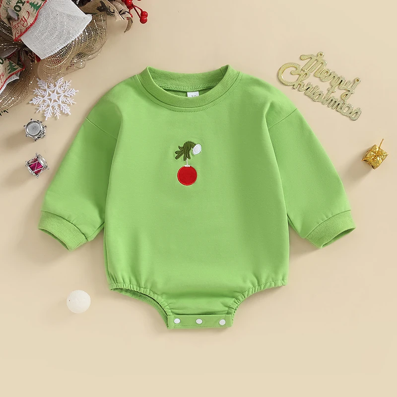 Baby Long Sleeve Sweatshirt Rompers Infant Christmas Graphic Embroidery Round Neck Bodysuit Newborn Xmas Jumpsuits for Winter