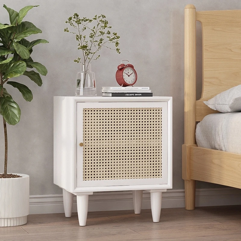 Japanese Style Solid Wood Bedside Table Rattan Weave Storage Cabinet Bedroom Night Stands Exquisite Practical Nordic Furniture