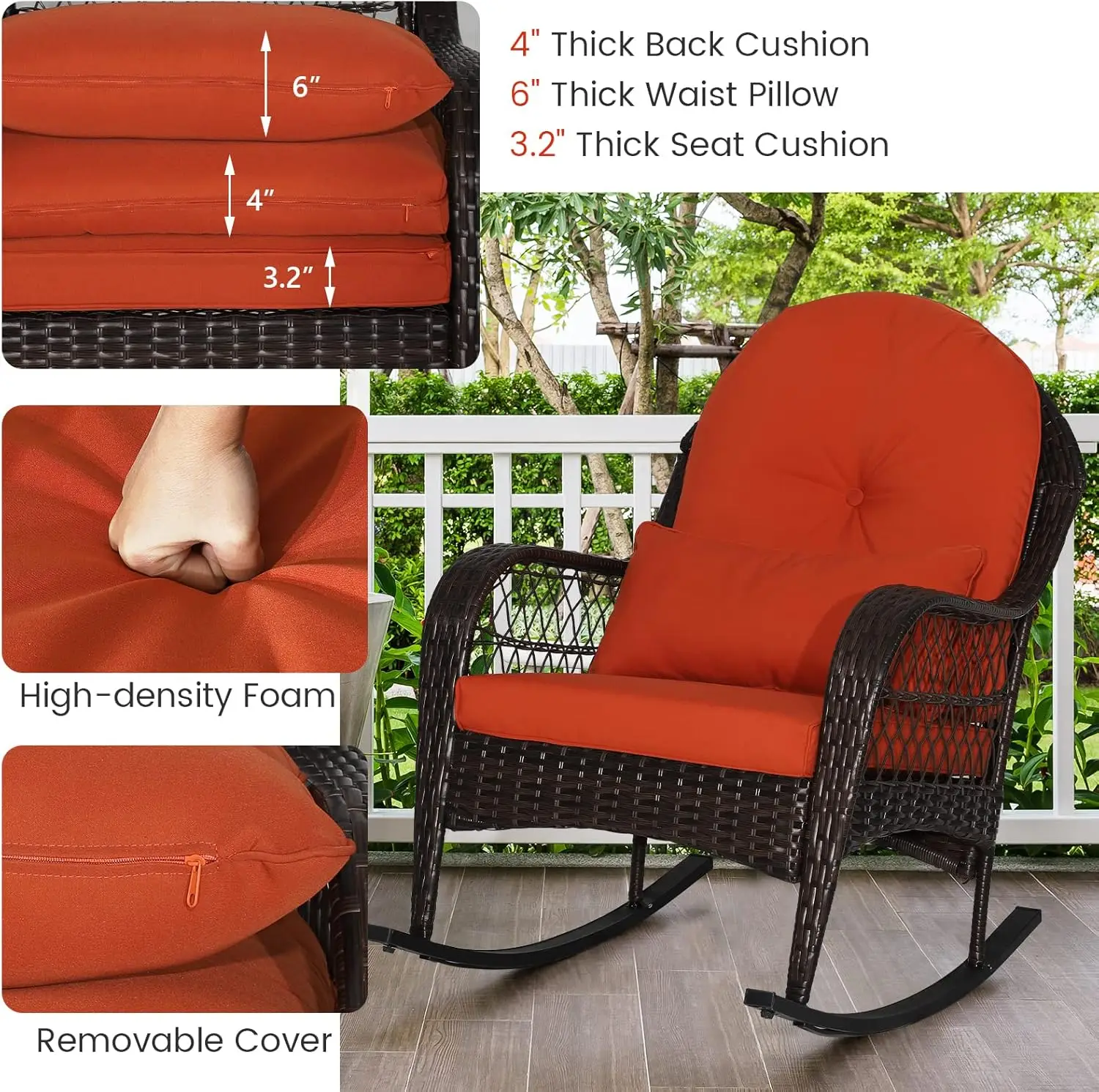 

Patio Rattan Rocker w/Lumbar Pillow, Padded Seat & Back Cushions, Metal Frame, Mix Brown Wicker Furniture for Balcony, Backyard