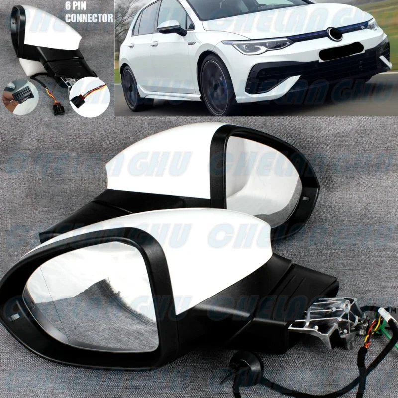 

For VW Golf 8 MK8 2021 2022 2023 LHD 1 Pair 6 Pins white painted Mirror Assembly With Heated Power Adjust Turn Light