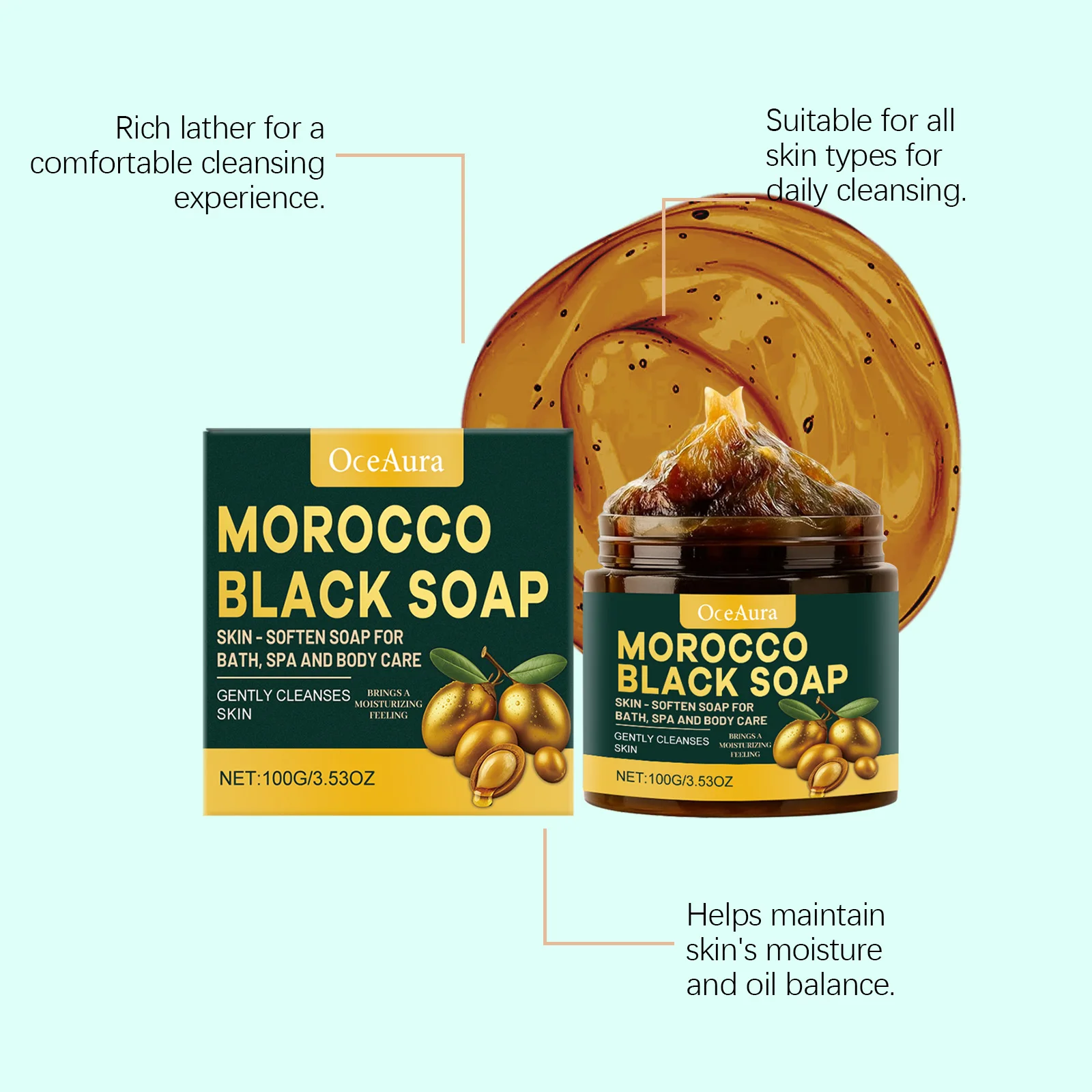 Oceaura Morocco Black Soap Deep Cleansing Gentle Care Moisturizing Body Soap Remove Impurities Smoothing Skin Bath Body Cleanser
