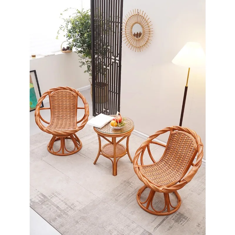 Natural real rattan chair three-piece set balcony leisure table coffee table combination household single backrest swivel chair