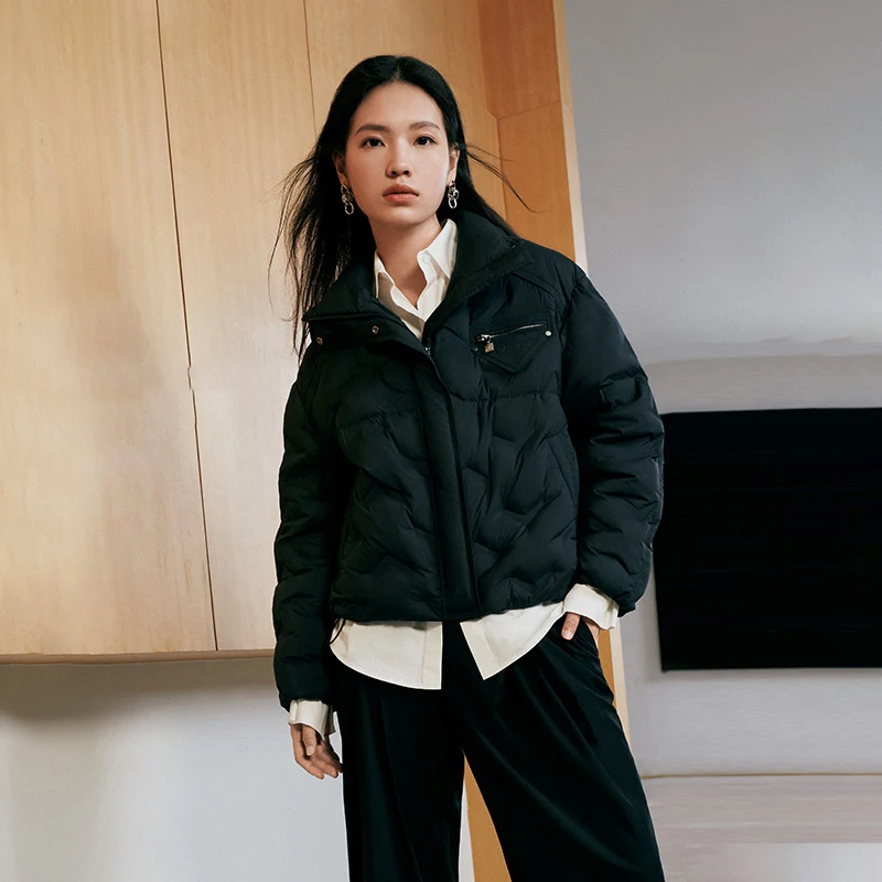 Chericom Chaqueta corta de plumón para mujer, chaquetas de plumón a prueba de viento con cremallera y cuello levantado, ropa femenina de moda con cordón 2025 Y309052Y