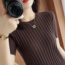 Women Summer Sexy Knitted Round Neck Sleeveless T-Shirts Tops Solid Slim Fit Pullovers Causal Tees Female Streetwear Basics Tees