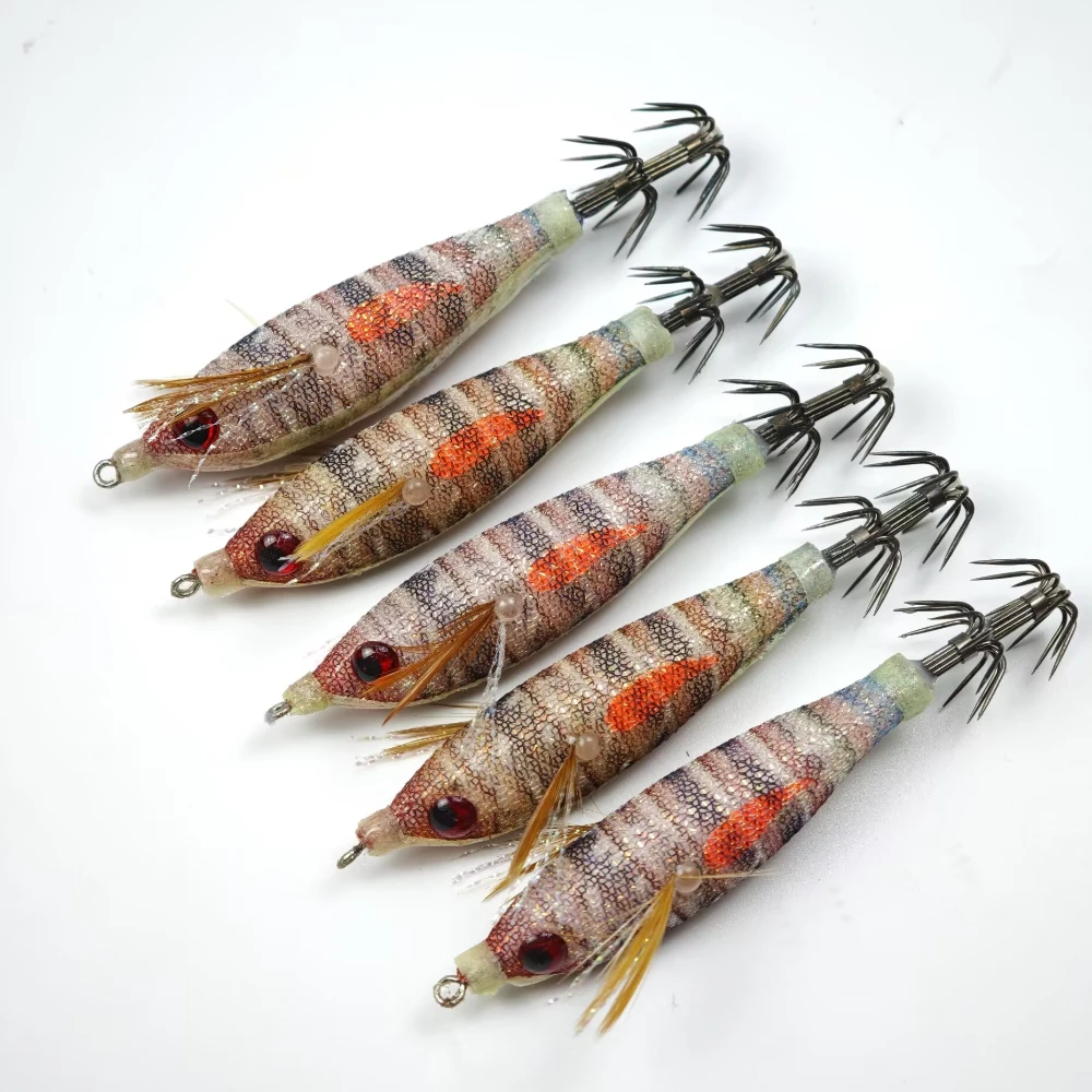 6 Stück/Set 8cm Leuchtender Garnelenköder, Leuchtender Salzwasser-Angelköder, Tintenfisch-Jig-Haken, Horizontaler Tintenfisch-Jig Egi-Set – Detail 2
