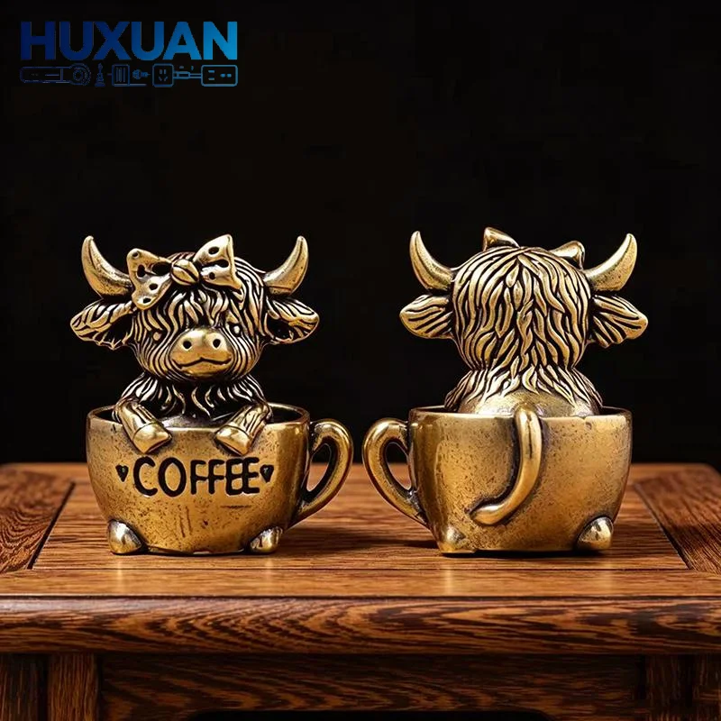 Vintage Brass Highland Cow Figurine Mini Bull Statue Fengshui Lucky Decor Desk Ornament For Home Office Creative Gifts