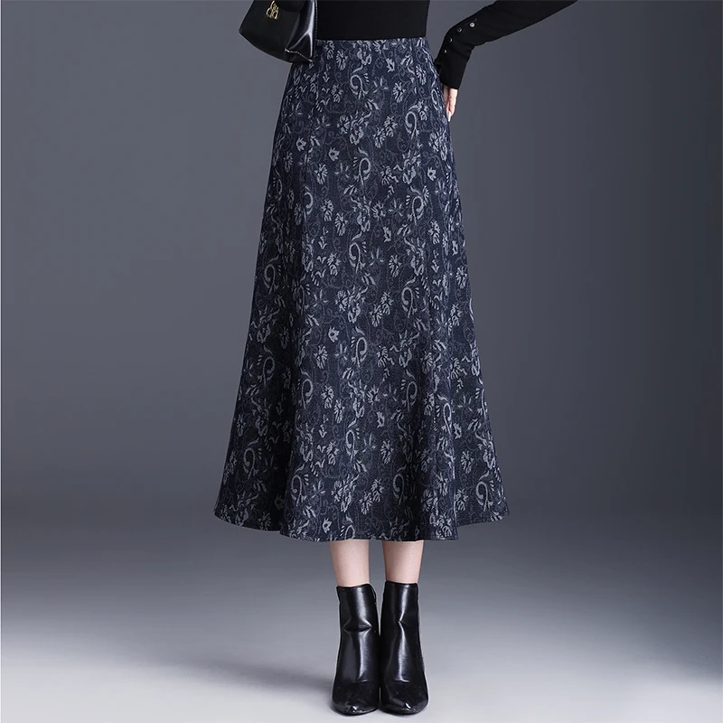 

Женская юбка-рыбка с высокой талией и вышивкой, длинная юбка А-силуэта с цветочным принтом для осени и зимы, для повседневной носки и офиса