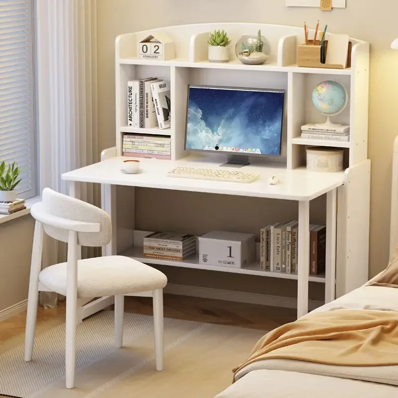 Solid wood desk wind bookshelf integrated table household folding computer table small apartment bedroom student writing table