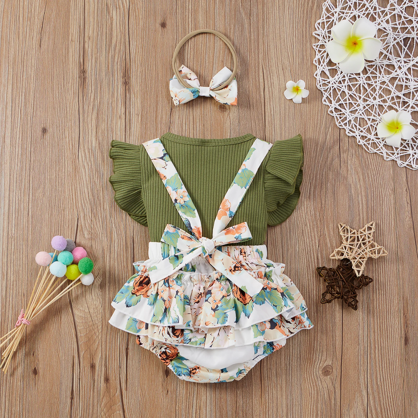 3PCS summer burst cute sweet wind baby girl flying sleeve jumpsuit floral strap triangle climbing set