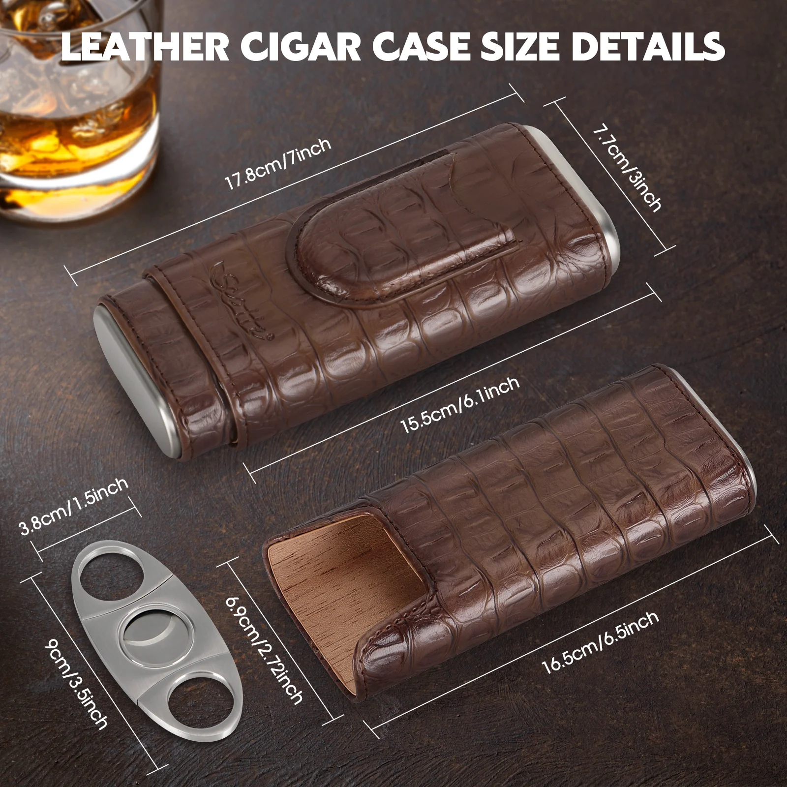 Scotte Cigar Case Leather Cigar Travel Case Cedar Wood Portable Cigar Humidor Box with Cigar Cutter Elegant Cigar Box for Men