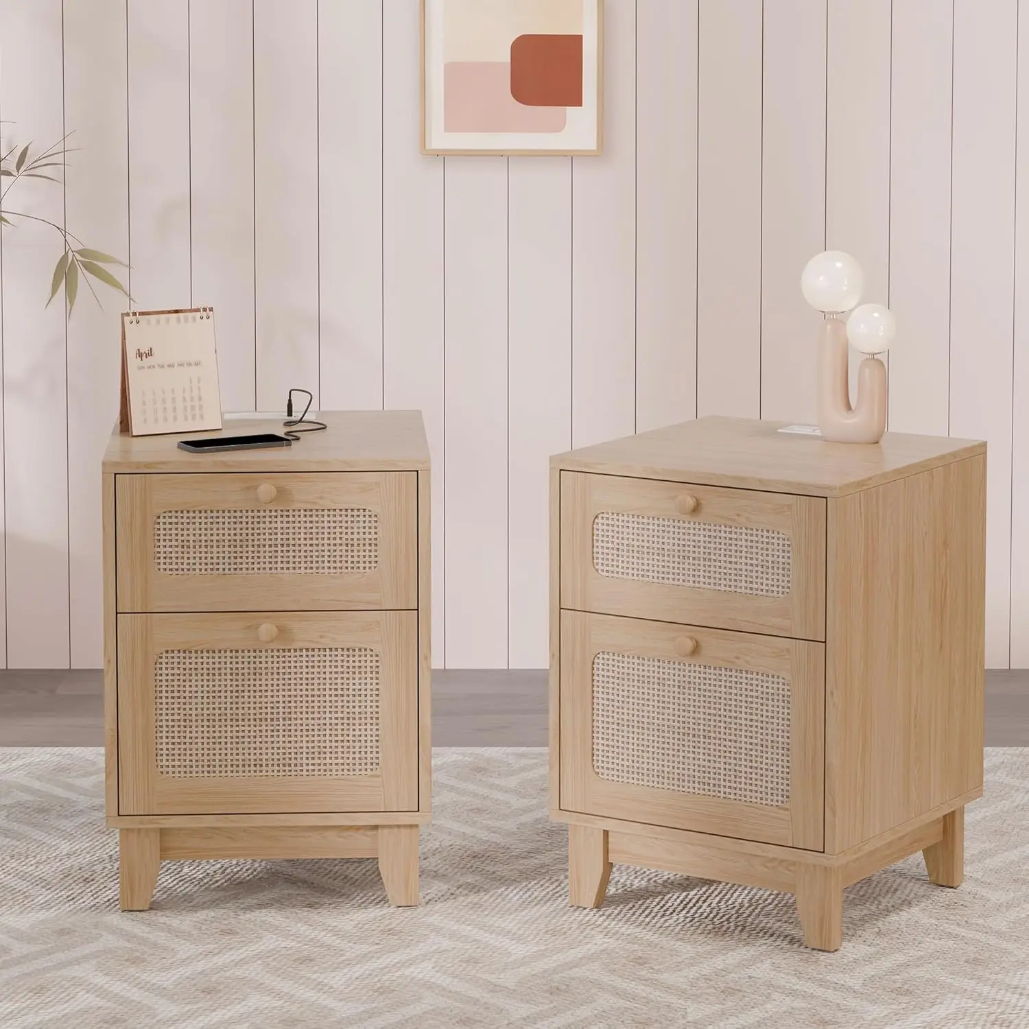 

Modern Rattan Nightstand Set of 2, Wicker Rattan Stand with Drawer and Charge Station, Wooden Bedside Table for Small Spaces