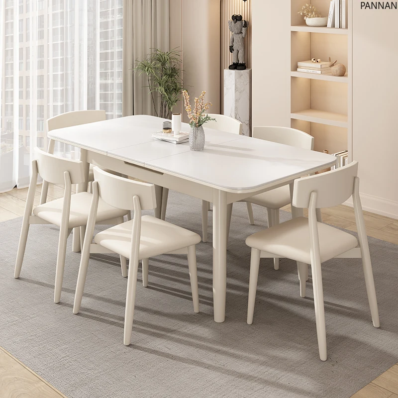 

Cream wind retractable dining table household solid wood rock slab folding function table and chair combination