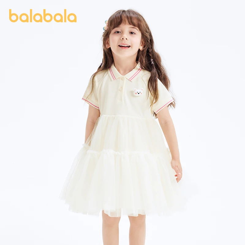 Balabala Children Dress Girls 2024 Summer New Style Girls Dress Color-blocked Soft and Tender A-line Chiffon Dress