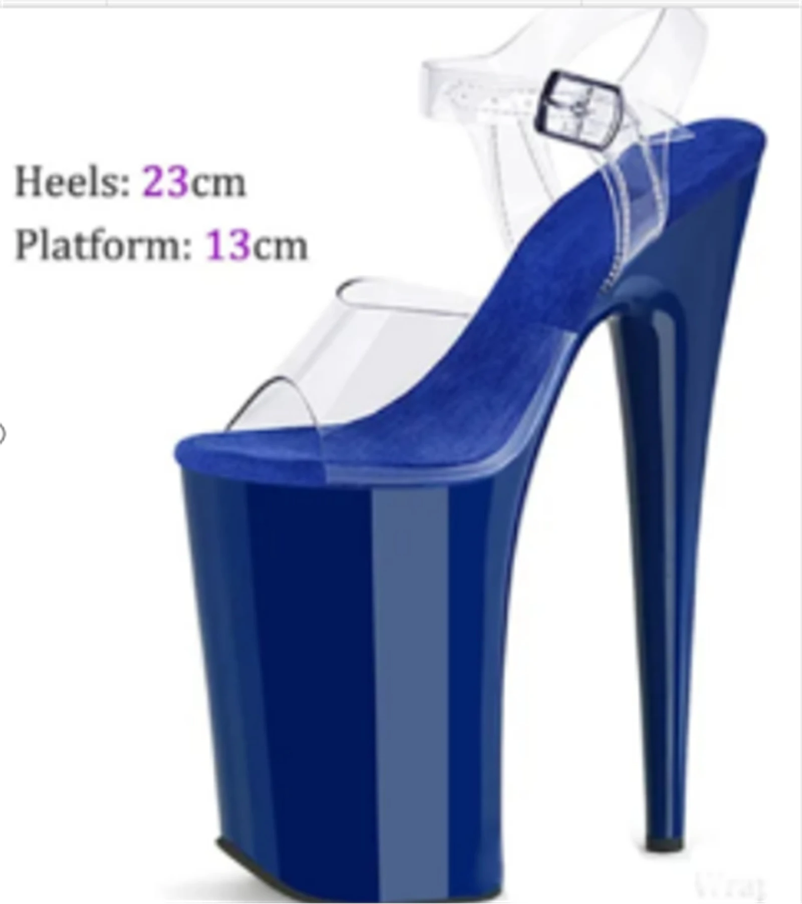 

​23CM Extreme Heel Sandals Royal Blue, Clear PVC Strap Platform Heels with Black Buckle & Suede Insole, Futuristic Party Shoes