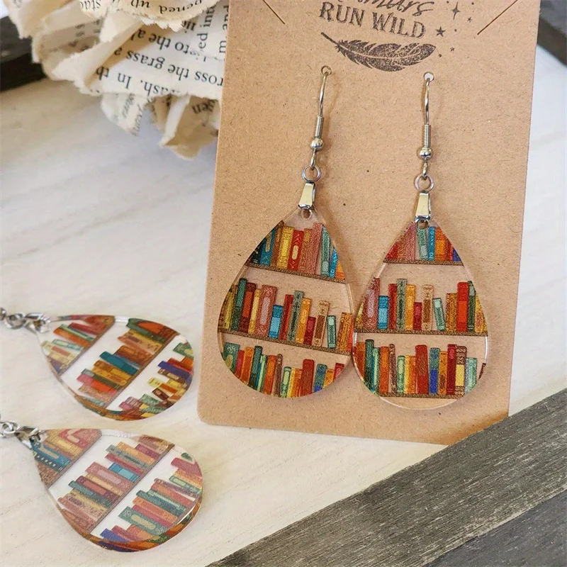 1 Pair Transparent Earrings Classic Teardrop Shaped Patch Bookshelf Teacher Earrings Jewelry Christmas Gift Selection