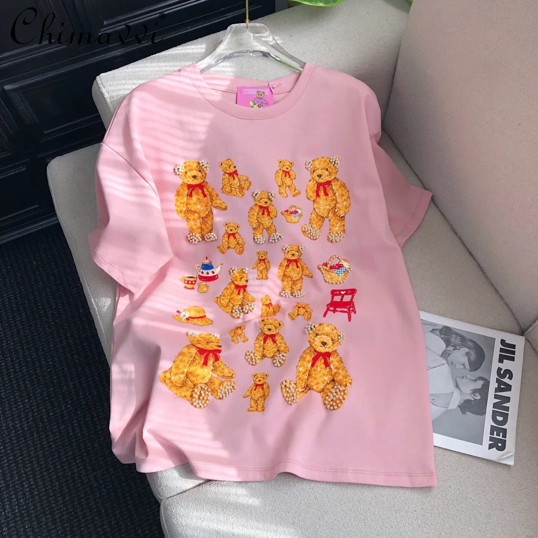 2025 Spring Summer Korean Fashion Cute Beaded Bear Print Multi-color Casual Short-sleeved T-shirt Women Kawaii Clothes Y2k Top