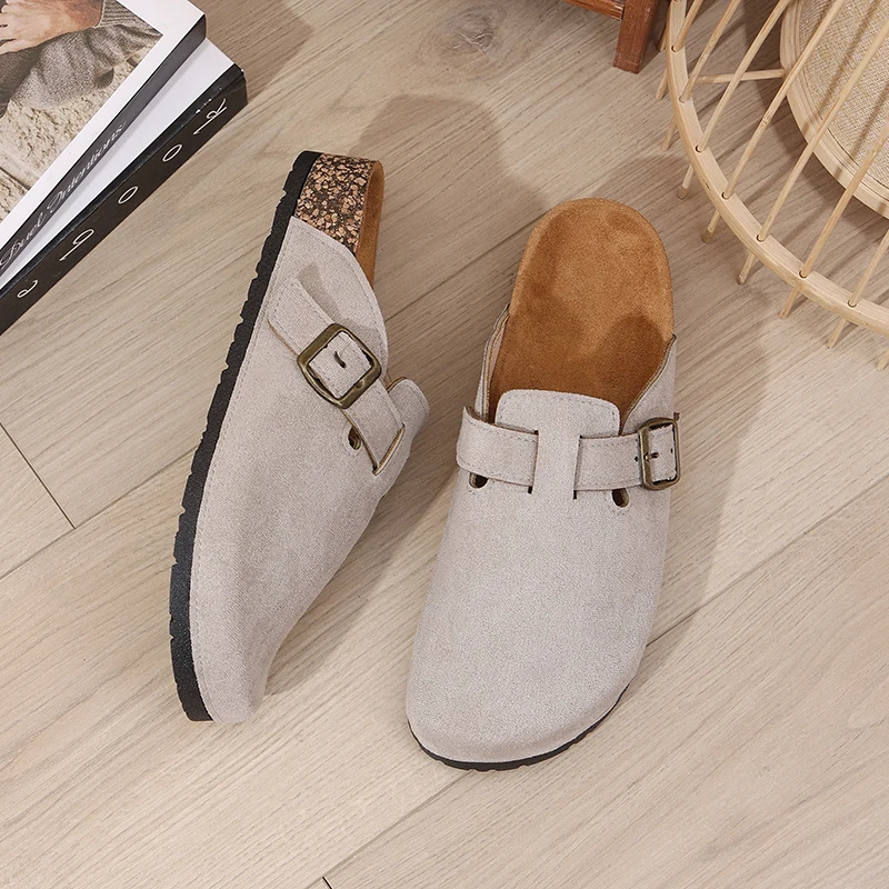 Nuevos zuecos de gamuza para hombre y mujer, mulas con plantilla de corcho suave, zapatos cómodos de patata con soporte para arco, sandalias de playa antideslizantes
