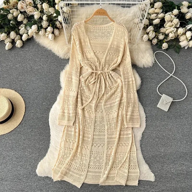 

Bohemian Spring Summer Leisure Cardigan Dresses New Women Sexy Hollow Travel Holiday Split Long Shawl Lace-up V-neck Loose Coat