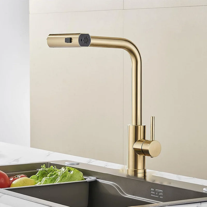 Pull Down Kitchen Faucet 3 Spray Modes Waterfall Spout High Arc Modern Design 360 Swivel Hot and Cold Water Mixer Tap Deck Mount