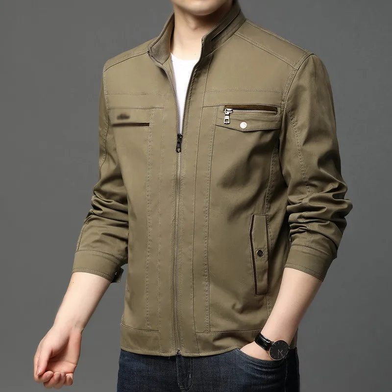 Spring Autumn Cotton Stand Collar Jackets Men Slim Casual Zippers Coat Mens Long Sleeve Bomber Jacket Solid Color Outerwear Man