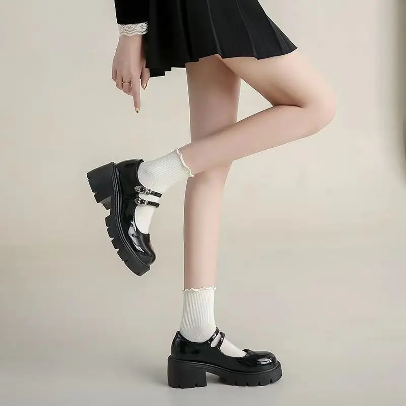 off white two strap Shallow mary jane shoes  patent leather cute platform lug loafers kawaii elegant shoes women non slip oxford