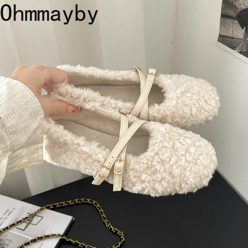 

Модные винтажные теплые хлопковые женские туфли на меху на плоской подошве, удобная короткая плюшевая обувь Мэри Джейн на мягкой подошве, уличная осенне-зимняя обувь