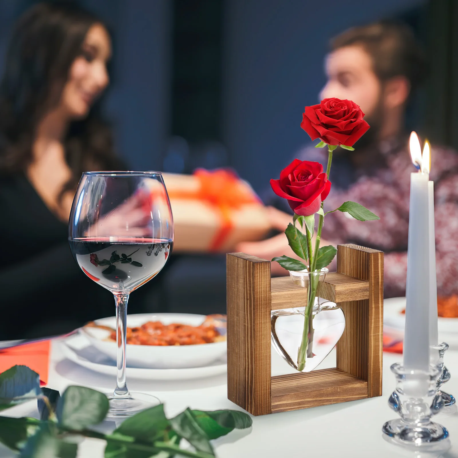 

1Pcs Heart Shape Glass Vase Retro Hydroponics Plant Container Wooden Rack Flower Holder Green Plant Decoration Gift