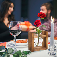 1Pcs Heart Shape Glass Vase Retro Hydroponics Plant Container Wooden Rack Flower Holder Green Plant Decoration Gift