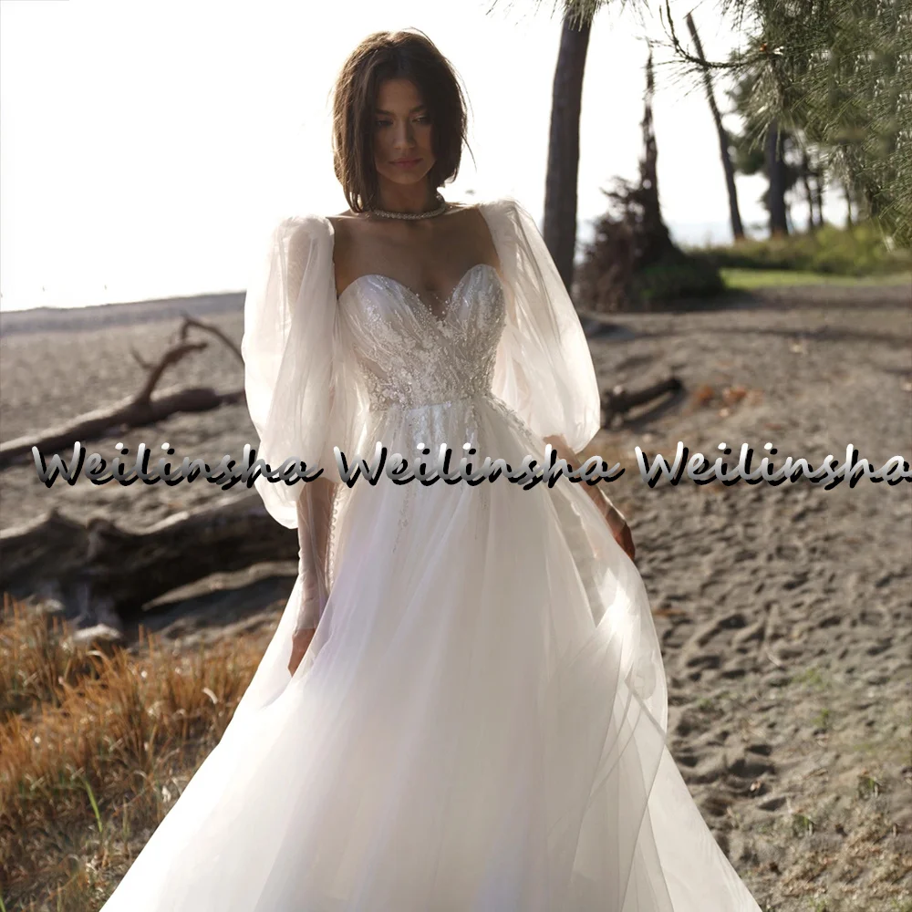 Weilinsha Wedding Dresses 2022 Appliques Sweetheart Boho A-Line Tulle  Gowns Lace Up Back L;ong Puffy Sleeves Sweep Train