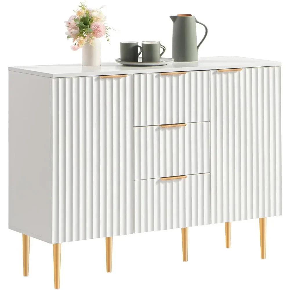 White Sideboard Cabinet with 3 Drawers, Glossy Fluted Buffet Storage Cabinet with Adjustable Shelves