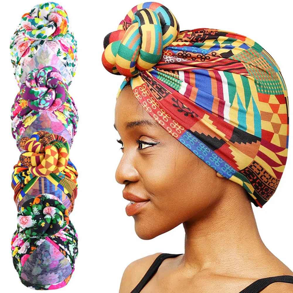 African Print Turban for Women Pre-Made Knot Head Wraps Stretch Hijab Party Wedding Headdress Bandanas Headband Turbante Mujer