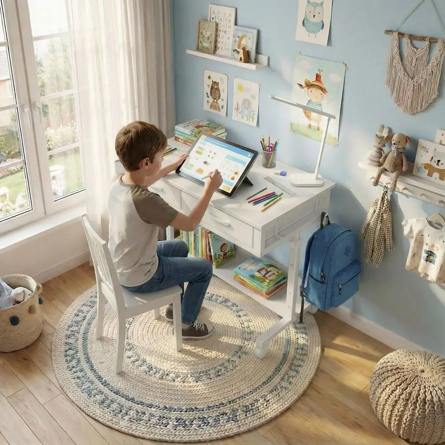 Mesa Infantil Portátil Ajustável com Rodas e Gavetas, 32 Polegadas, Mesa de Maquiagem Móvel com Prateleira de Armazenamento