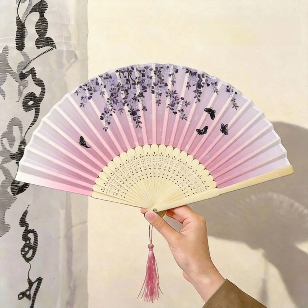 New Chinese Style Decorative Folding Fan Bamboo Frame Lightweight Wood Folding Fan Faux Silk Material Flower Bird Fan Home Decor