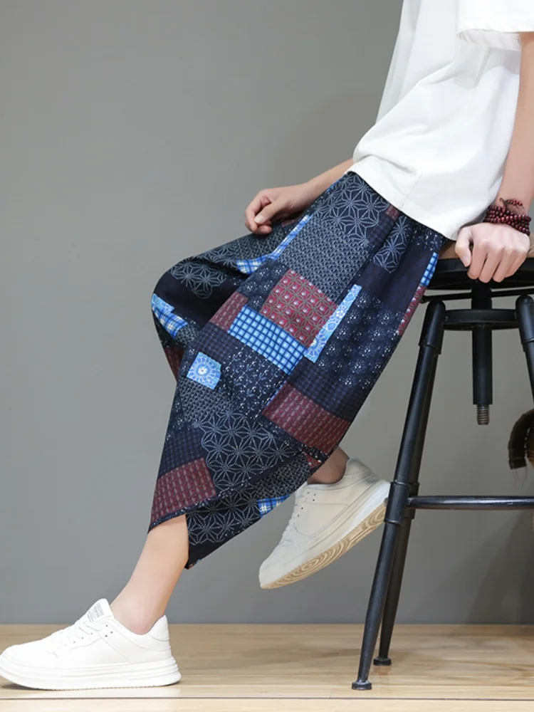 

Новые китайские свободные мужские брюки-капри из тонкого хлопка и льна, широкие брюки-фонарики для лета, пляжные повседневные брюки