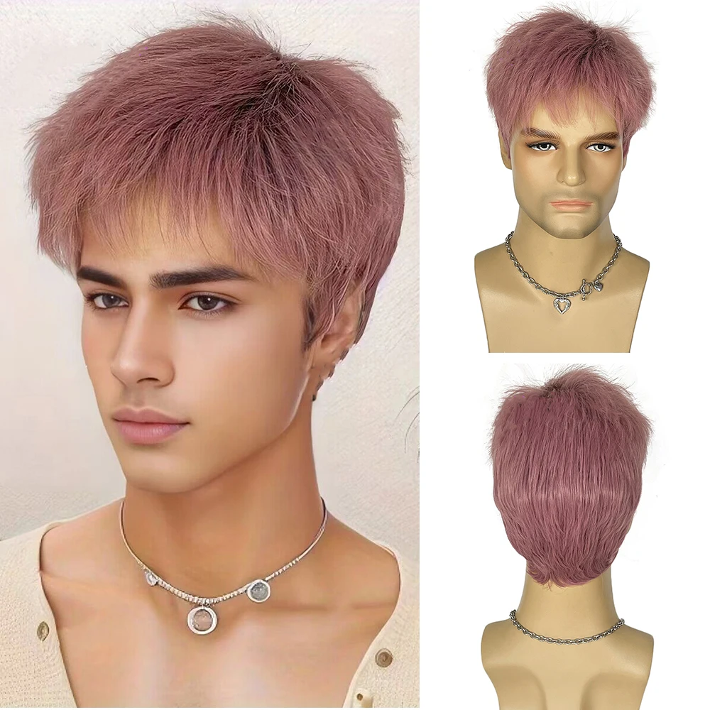 

Synthetic Short Straight Pixie Cut Pink Wig with Bangs for Men Daily Party Cosplay Fake Hair Heat Resistant