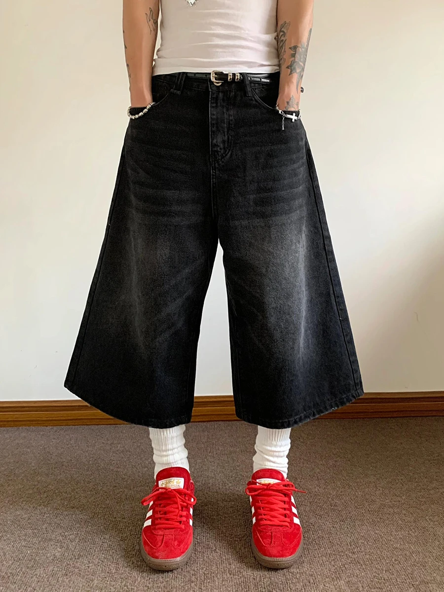 REDDACHiC 90s Retro Black Brushed Denim Shorts Men Washed Whiksers Low Rise Frayed Loose Wide Leg Baggy Jorts Y2k Korean Clothes